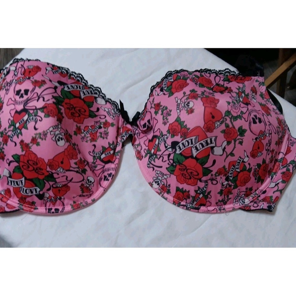 Love Affair Skull & Rose Print Push-Up Bra Black & Red Pink Lace Trim 42D GUC
